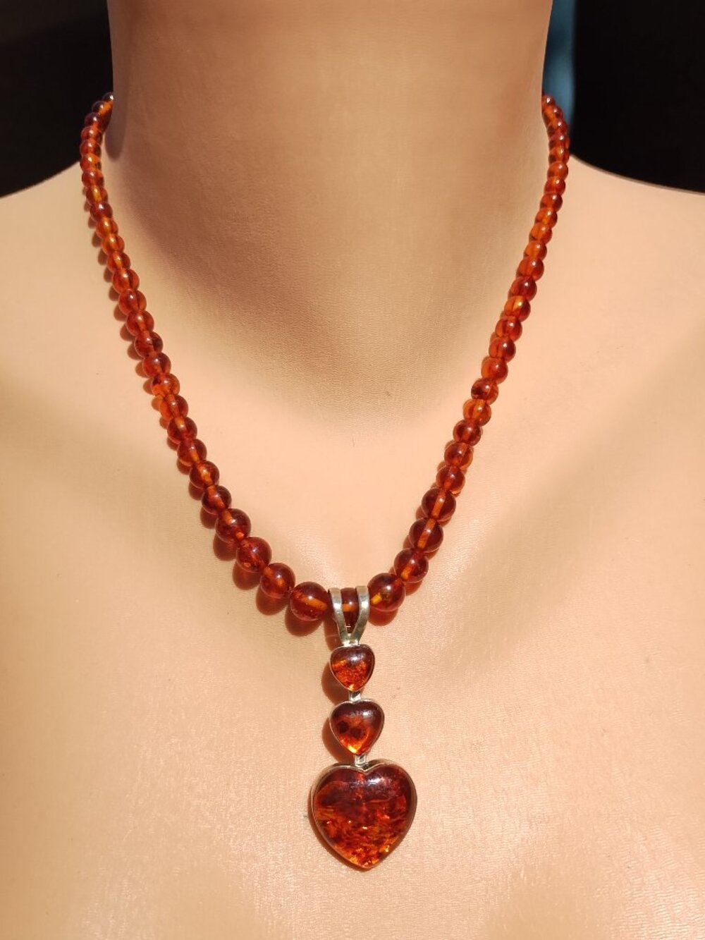 Jay King DTR honey Amber necklace with honey Amber heart pendant, 925 Sterling S